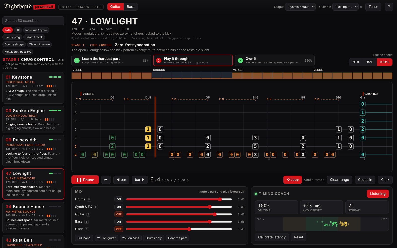 Tightband: tab of Lowlight scrolling with the band, guitar muted, timing coach listening at 100% on time